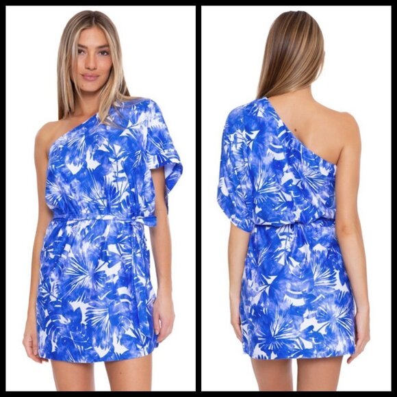 💕TRINA TURK💕 Basque Dress One Shoulder Swim Cover Up Sapphire Blue Print S NWT - Picture 11 of 16